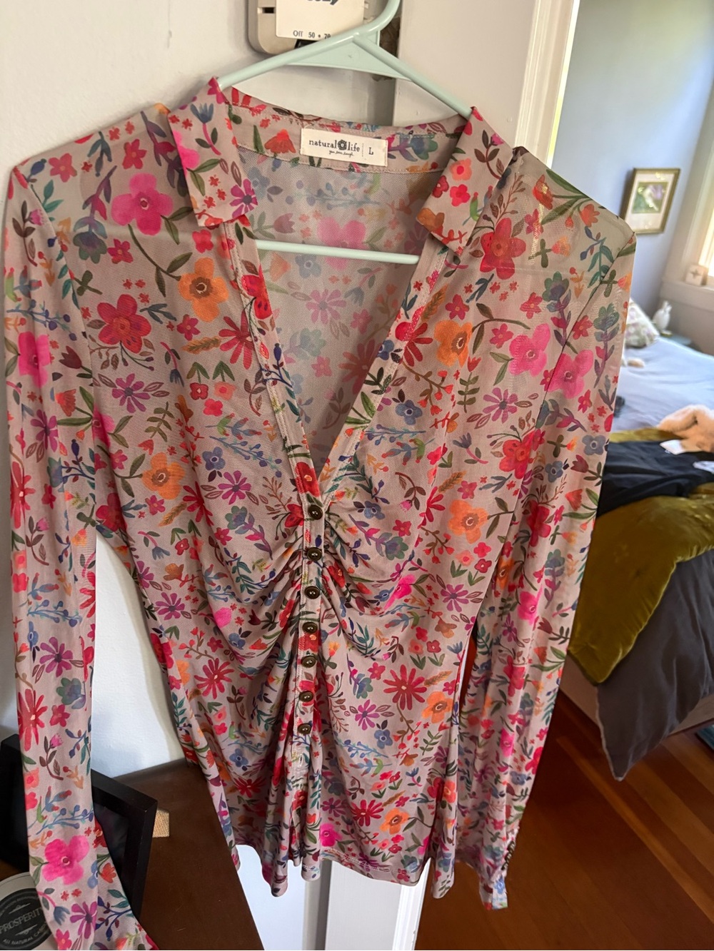 Natural Life Women's Floral Sheer Ruched V-Neck Long Sleeve Top - Pink Multi